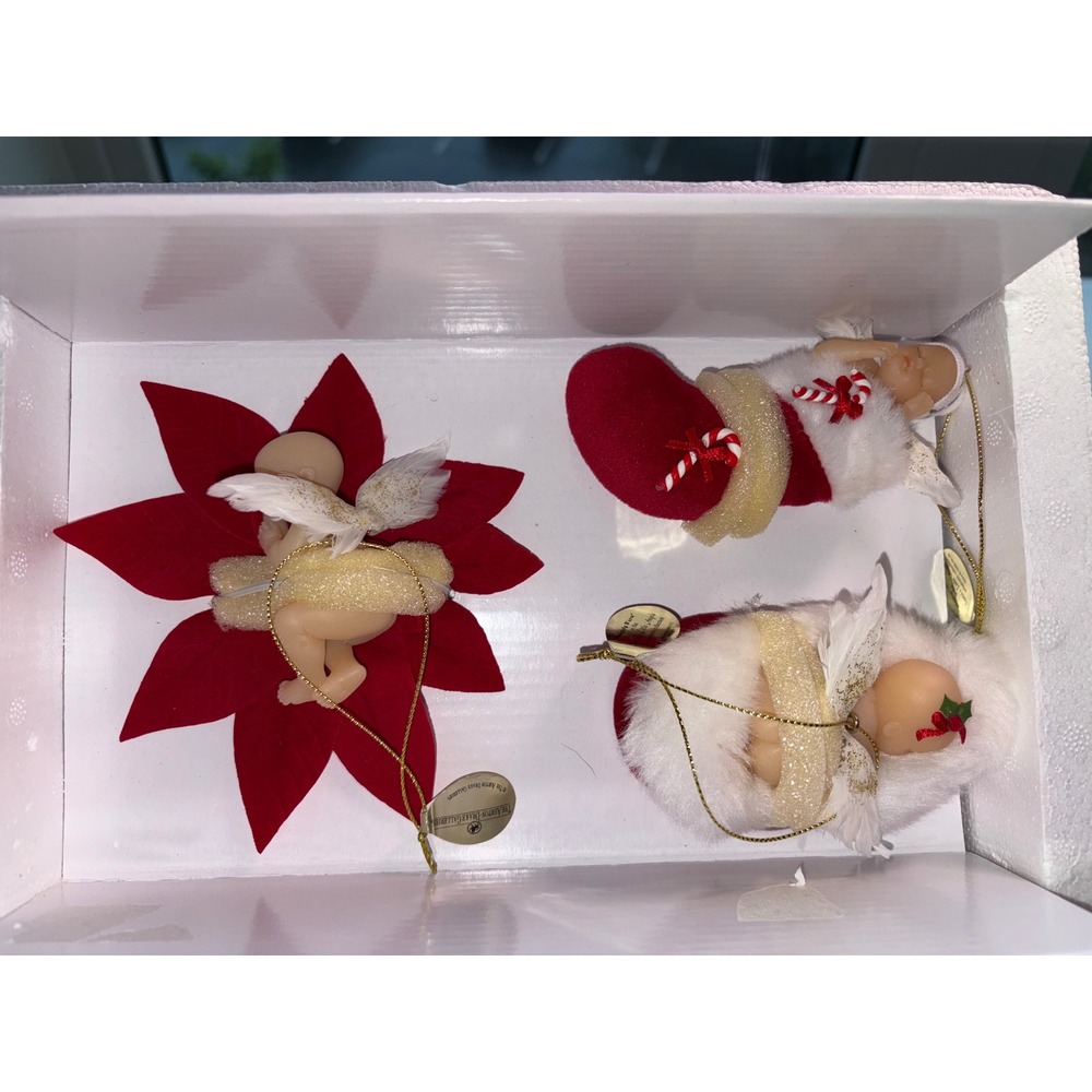 Ashton Drake Christmas Ornaments Baby Angels Set of 3 Poinsettia Stocking